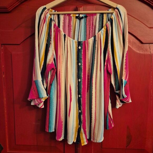 Zac & Rachel XL Bright Striped Spring Rayon Shirt Flare Cuff Pink Button EUC - Picture 1 of 3